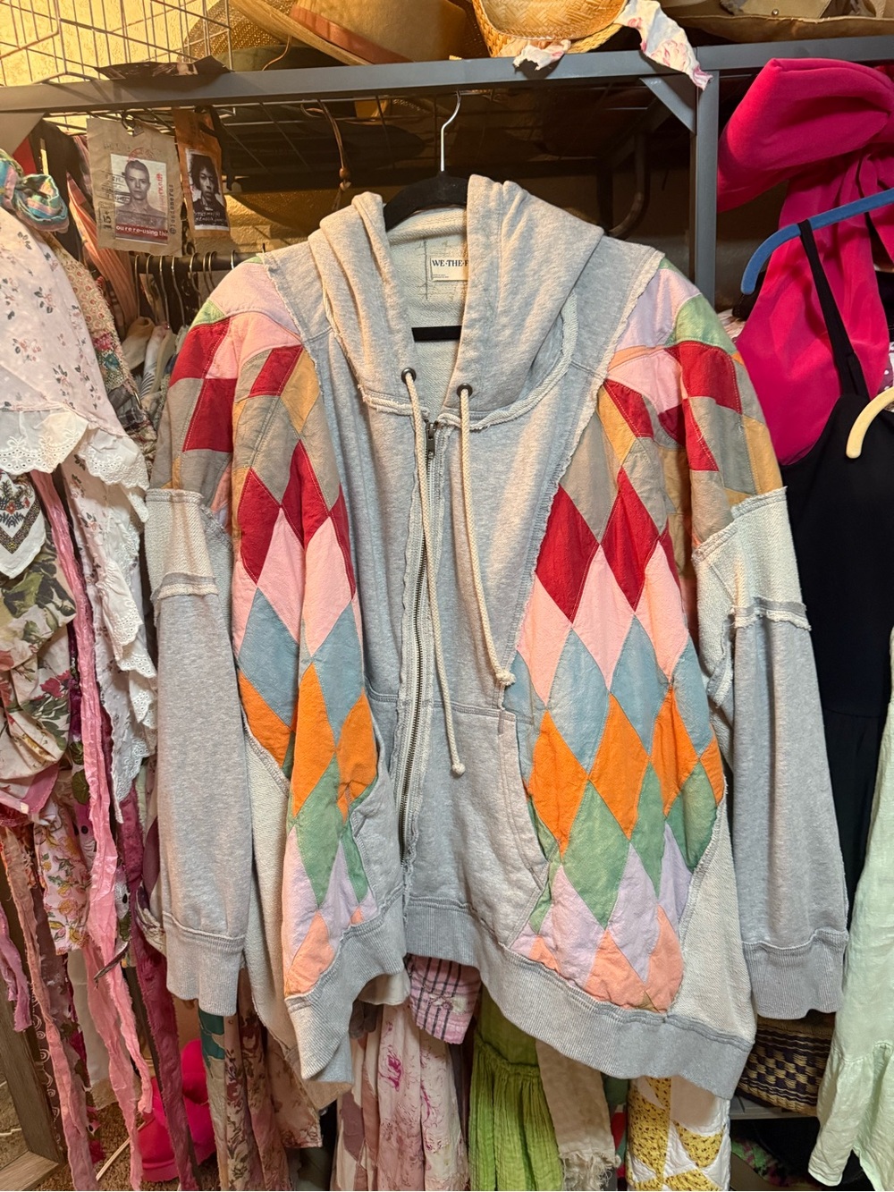 We The Free Light Gray Hooded Sweatshirt with patchwork
